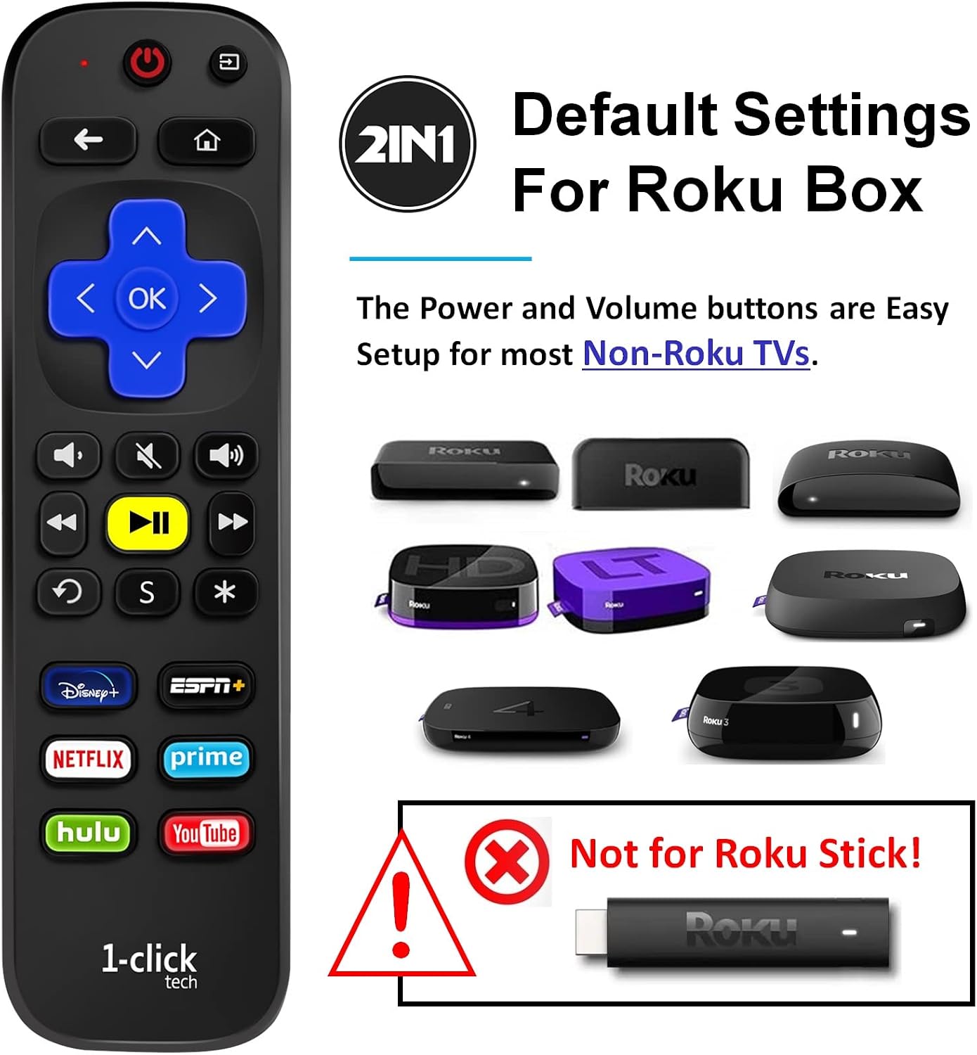 1-clicktech Remote for Roku TV and Roku Box [2-in-1 w/TV Power+Volume] Compatible for Roku Express/+, Roku Ultra, Premiere, 4/3/2/1 [Not for Roku Stick]