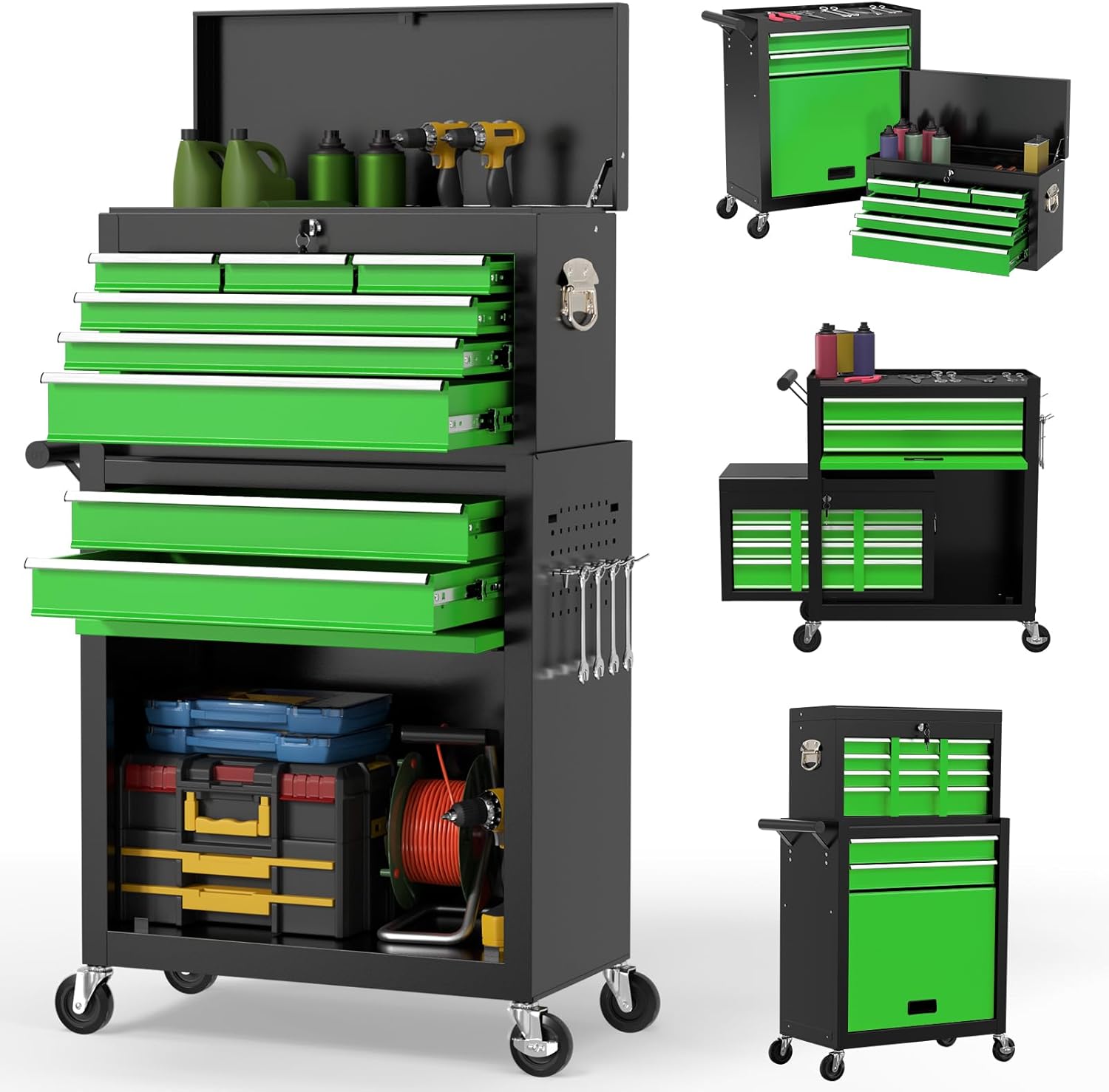 On Shine 8 Drawer Rolling Tool Chest, Large Capacity Rolling Tool Box with Wheels, Locking Mechanical Tool Chest, Portable Tool Box with Sliding Drawers for Garage Workshop and Tool Room （Black Green）