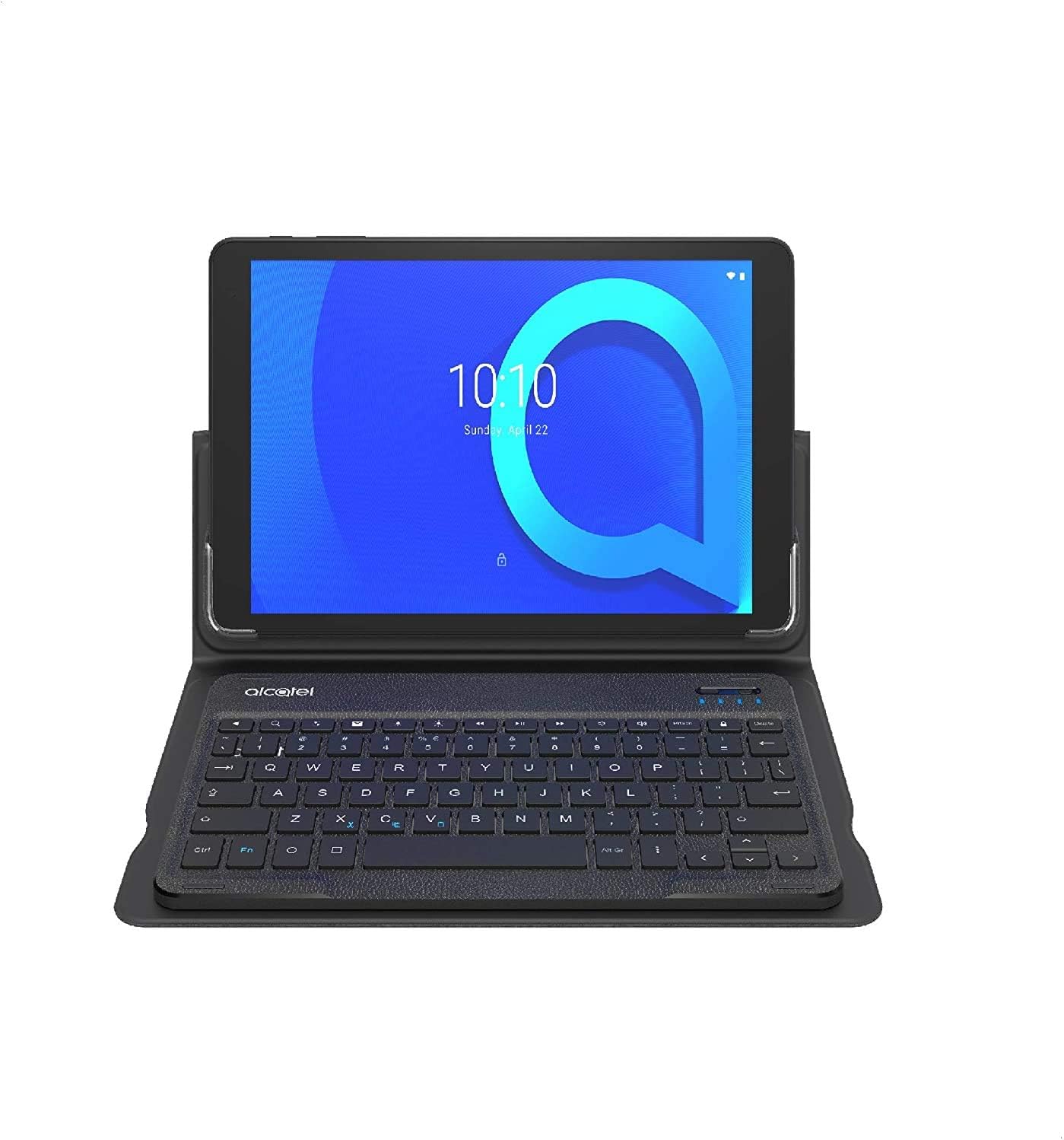 Front view of the Alcatel 8084 1T 10 Tablet with Keyboard attached, showing the screen and keyboard.