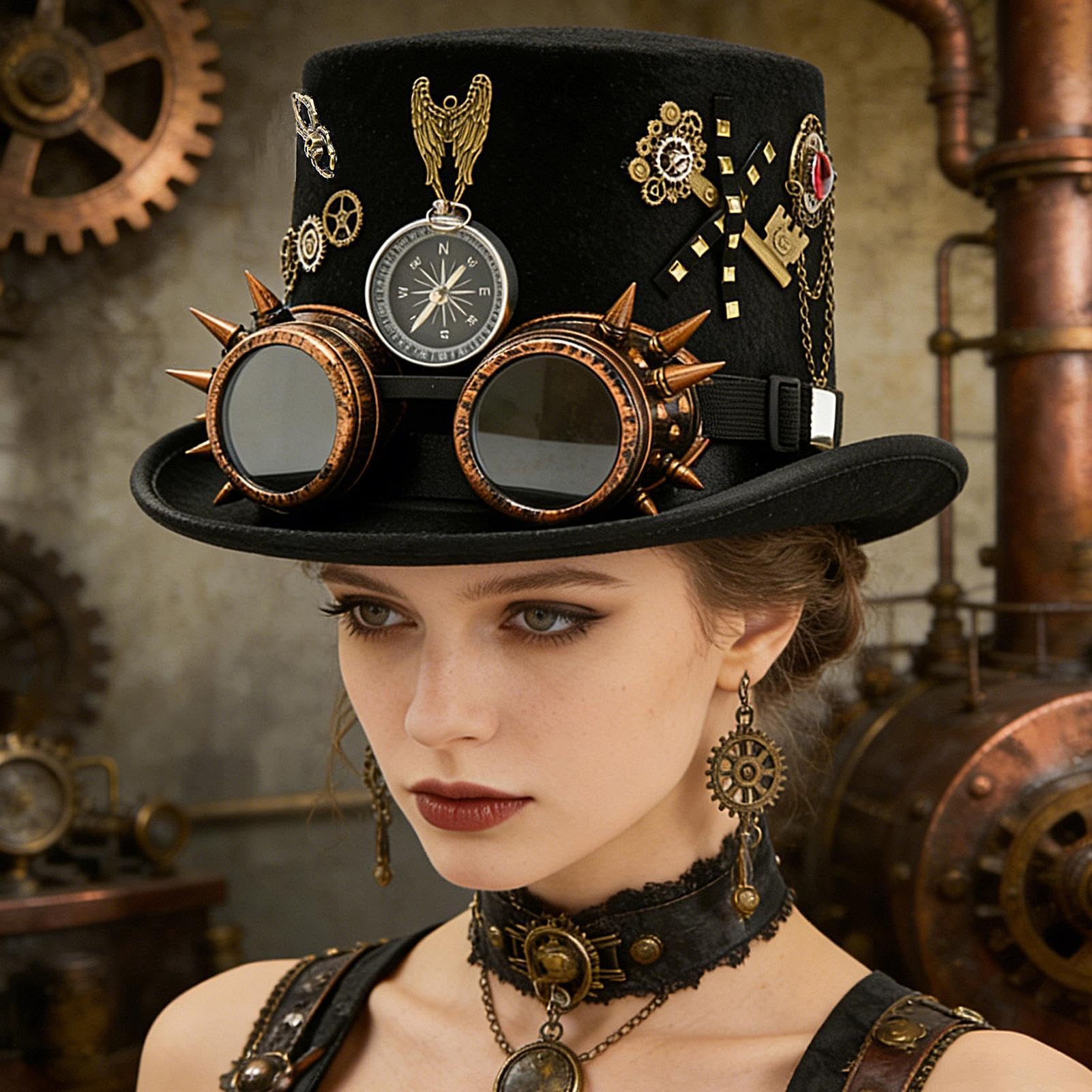 Chapeau steampunk pour Halloween - Lunettes de protection amovibles en feutre - Unisexe