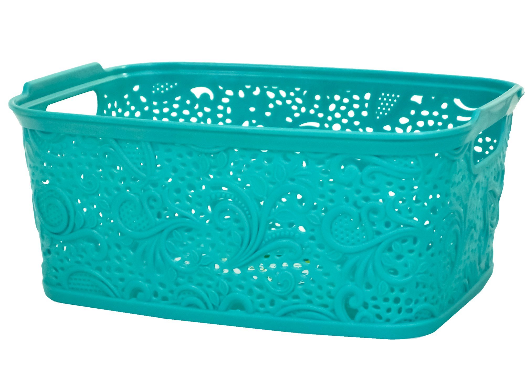 Floral Lace 24x18cm Plastic Handy Fruit Kitchen Bathroom Storage Basket Box (Turquoise)