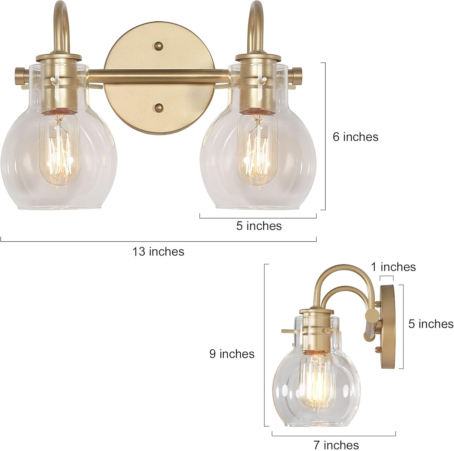 KSANA 2-Light Vanity Light with Globe Clear Glass Shade, Gold Vanity Lights for Bathroom, Powder Room, 13" L x 7" W x 9" H