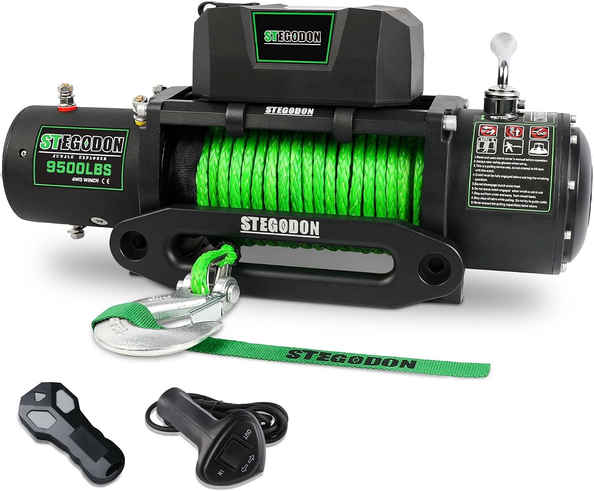 Cabrestante de 9500 lb, cabrestante eléctrico impermeable de 12 V, cabrestante de cuerda sintética con control remoto inalámbrico y con cable para camión, SUV, Jeep Wrangle (cuerda verde)