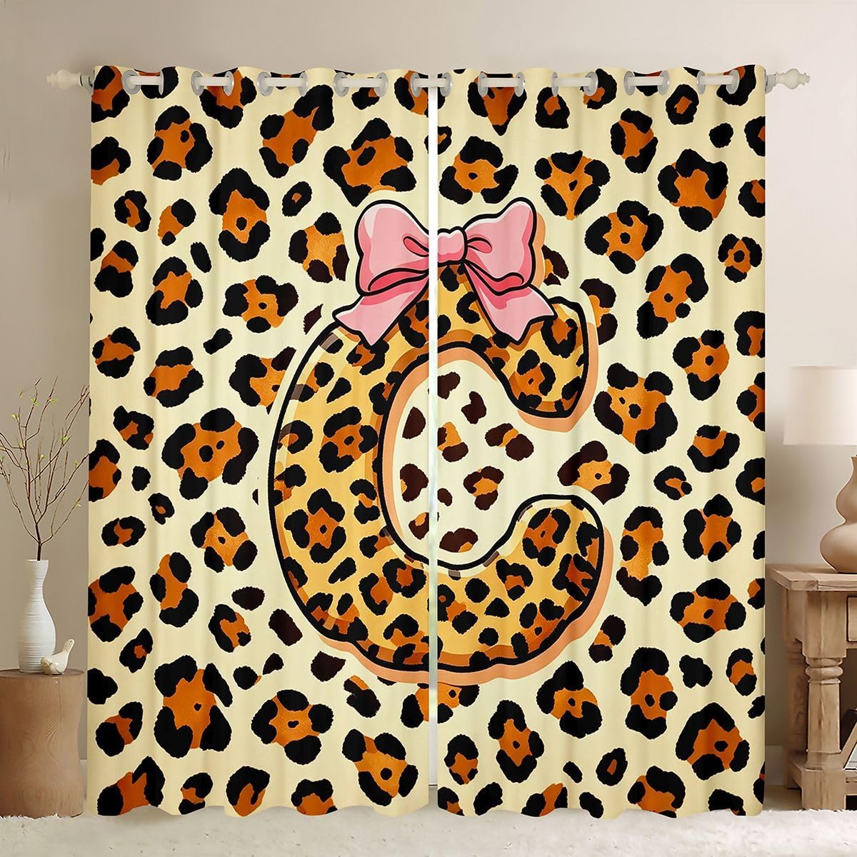 Feelyou Leopard Bowknot Blackout Curtains Cheetah Darkening Drapes for Bedroom Living Room Decor Initial Letter R Thermal Insulated Shades Window Treatments, 2 Panels 38 x 54 Inch