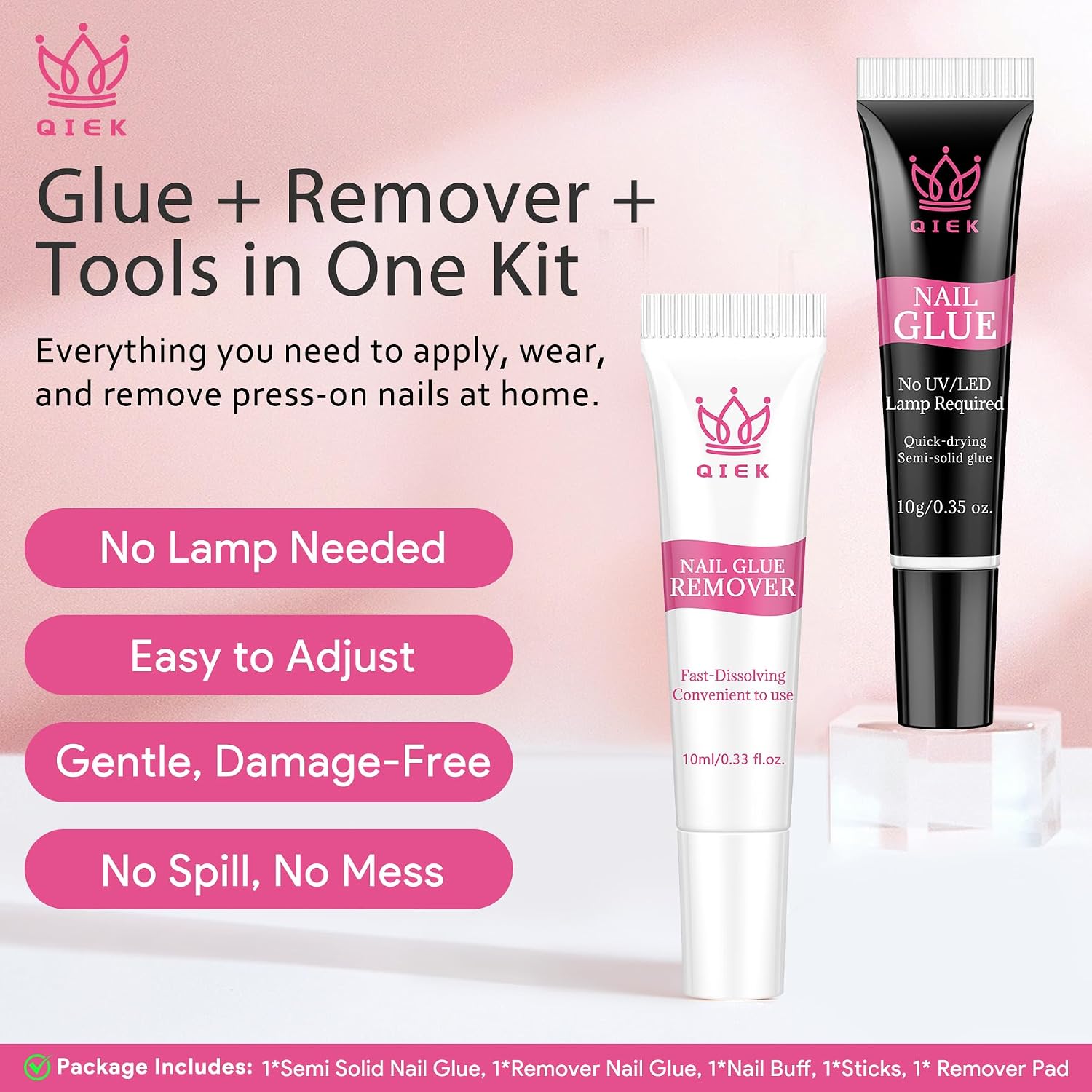 No Lamp Nail Glue and Remover Set for Press On Nails, 10 Sec Quick Dry Squeeze Tube Nail Glue, Strong Hold Up to 28 Days, Easy Removal, No U V Lamp Needed, 0.5mm Precision Nozzle Adhesive Kit