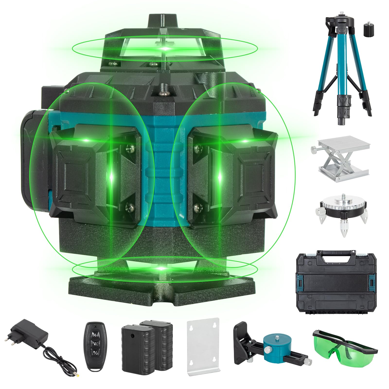 Todeco Laser Chantier Niveau Laser 4 x 360° 4D 16 Lignes Auto-Nivelant | Mode Impulsion ExtéRieur, avec 2 x 3000mAh Batterie & Affichage LED, Télécommande et Trépied, Étanche et Anti-Poussière