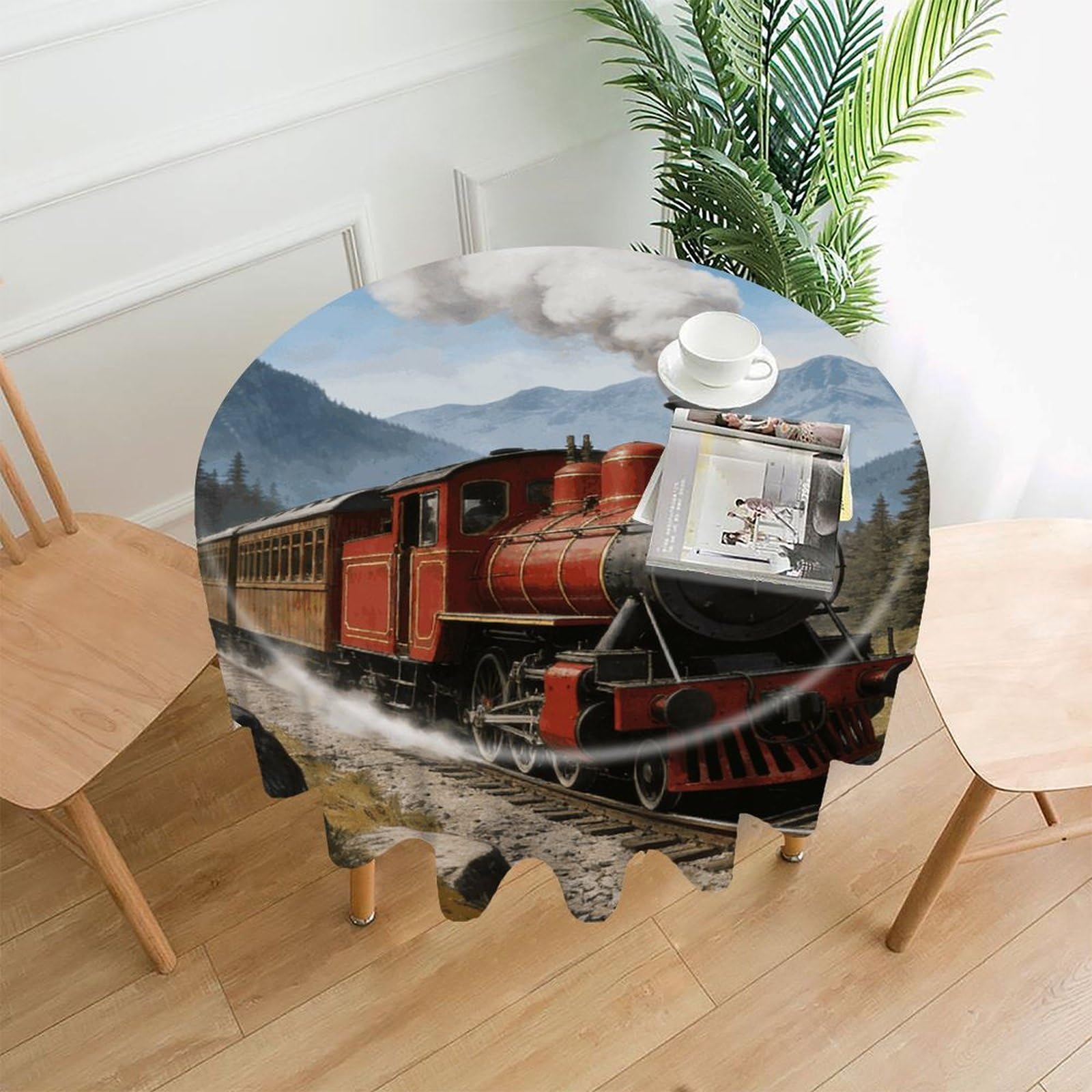 LZQPOEAS Train Tablecloth Easy to Clean Polyester Round Table Cover Washable Round Table Cloth Wrinkle-Free Circle Decoration Tablecloth for Kitchen and Dining Room 60"