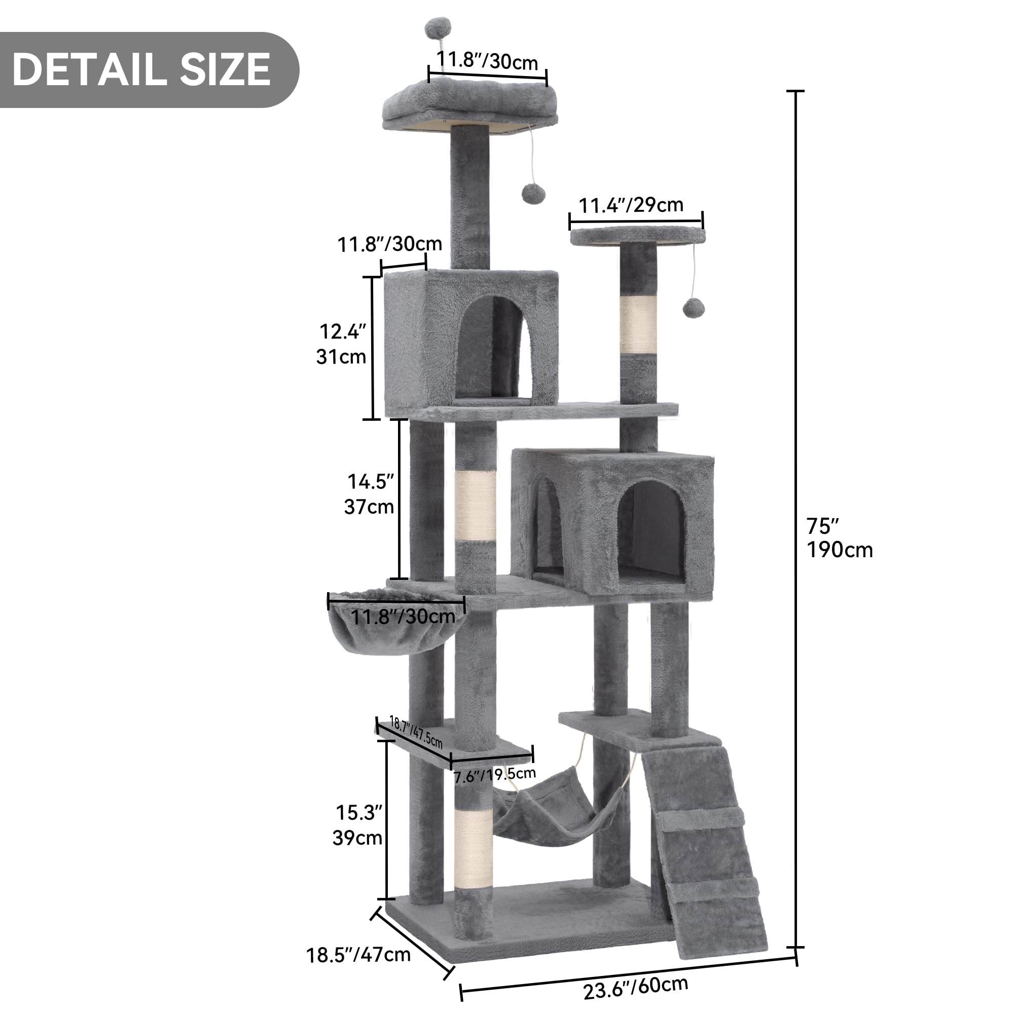 DWVO 75-inch Indoor Cat Tree Tower, Multi-Level Pet Playground, Cat Furniture with Scratch Posts, Hideaway Condos, Soft Perch, Snug Hammock, Climbing Ladder, and Plush Balls for Kittens (Light Gray)