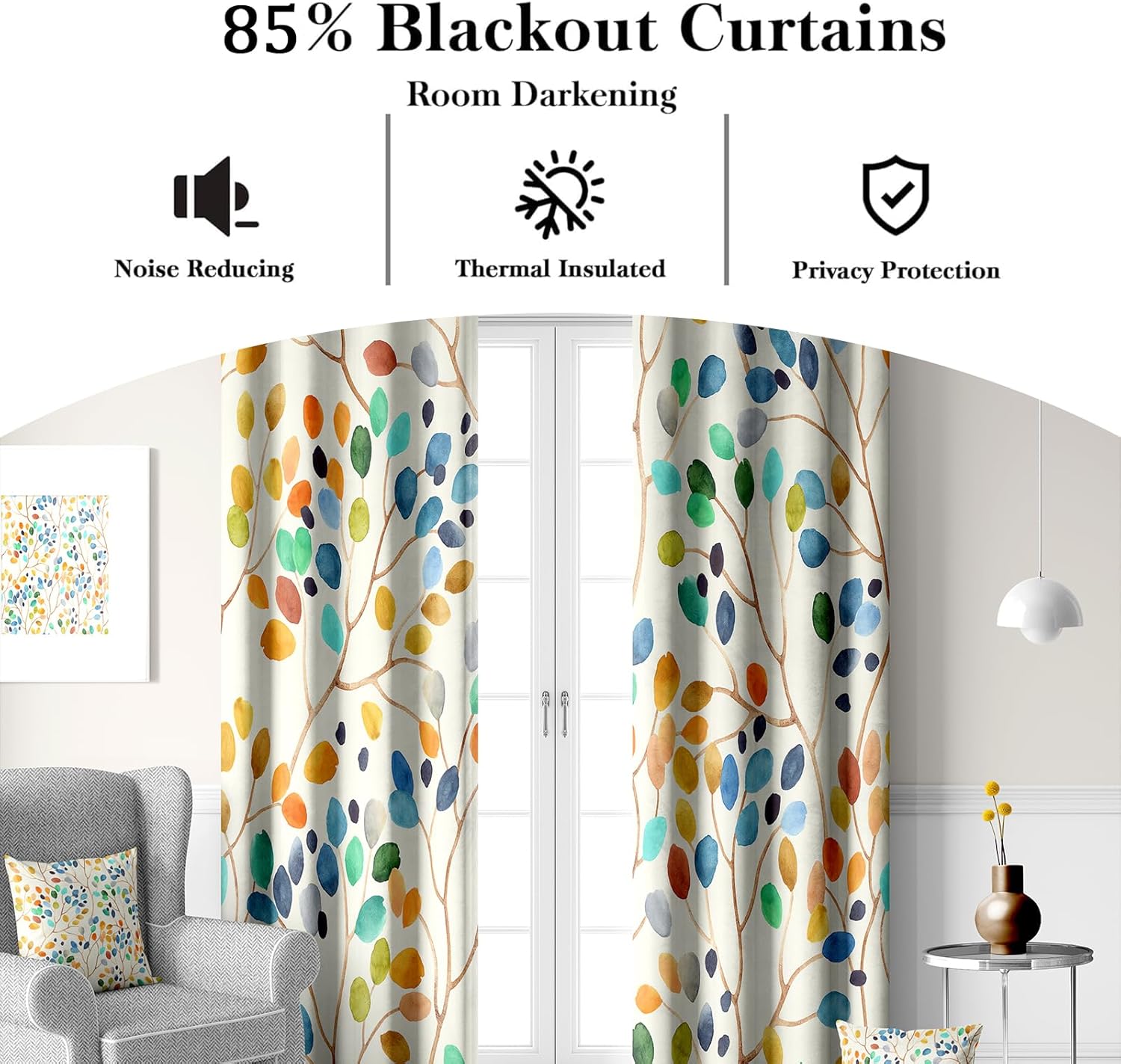 Boho Colorful Leaf Floral Blackout Curtains, Watercolor Bohemian Flower Print Window Drapes, Living Room Bedroom Decor 2 Panels 52x84 Inch