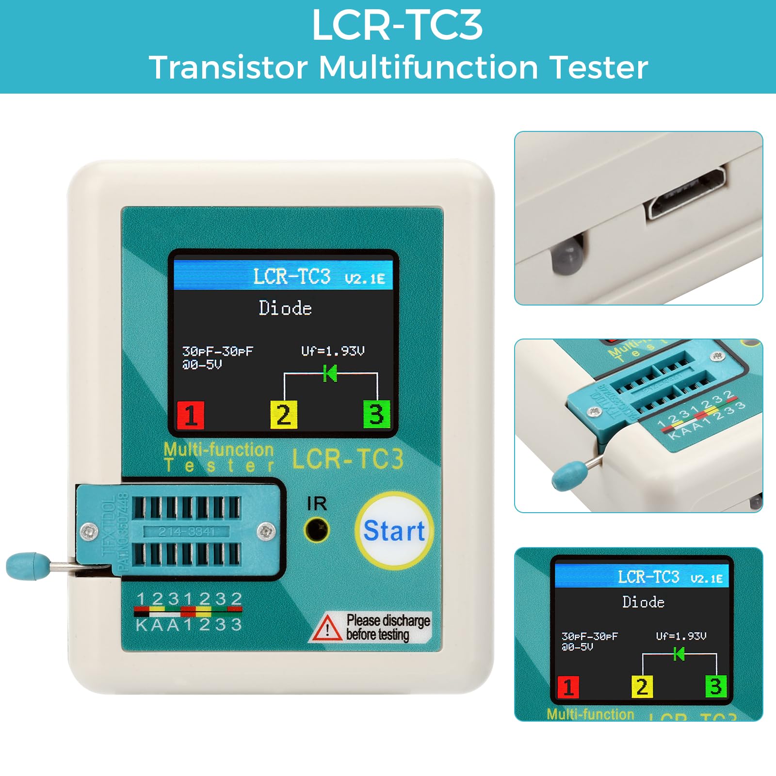 diymore Tester Transistor LCR-T3,Transistor Multifunzione TFT con Funzionamento a un tasto,Display Grafico,Spegnimento Automatico per Diodi Triodici,Resistore,Transistor ESR NPN PNP MOSFET