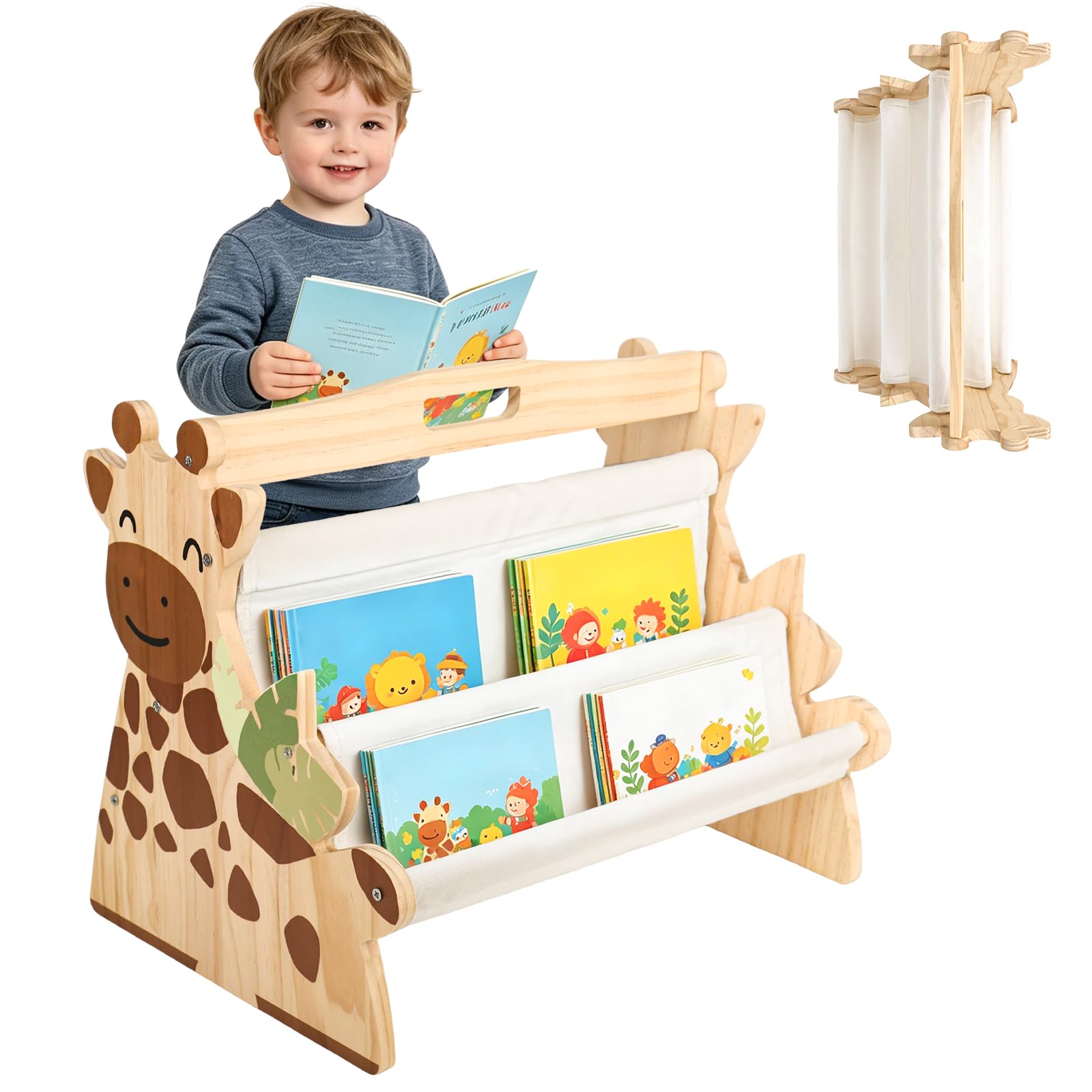 bssmmai Kids Bookshelf, Kids Book Storage, Book Case for Kids, Childrens Bookcase, Wooden Double Sided Sling Toddler Bookshelf with Canvas Storage for Nursery Montessori Style Children’s Book