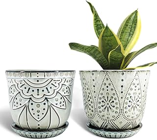 Gepege 6-Inch Beaded Ceramic Planter Set of 2 with Drainage Holes & Saucers - Smoked Gray Succulent Orchid Pots (Fits 5-Inch Inner Pots)