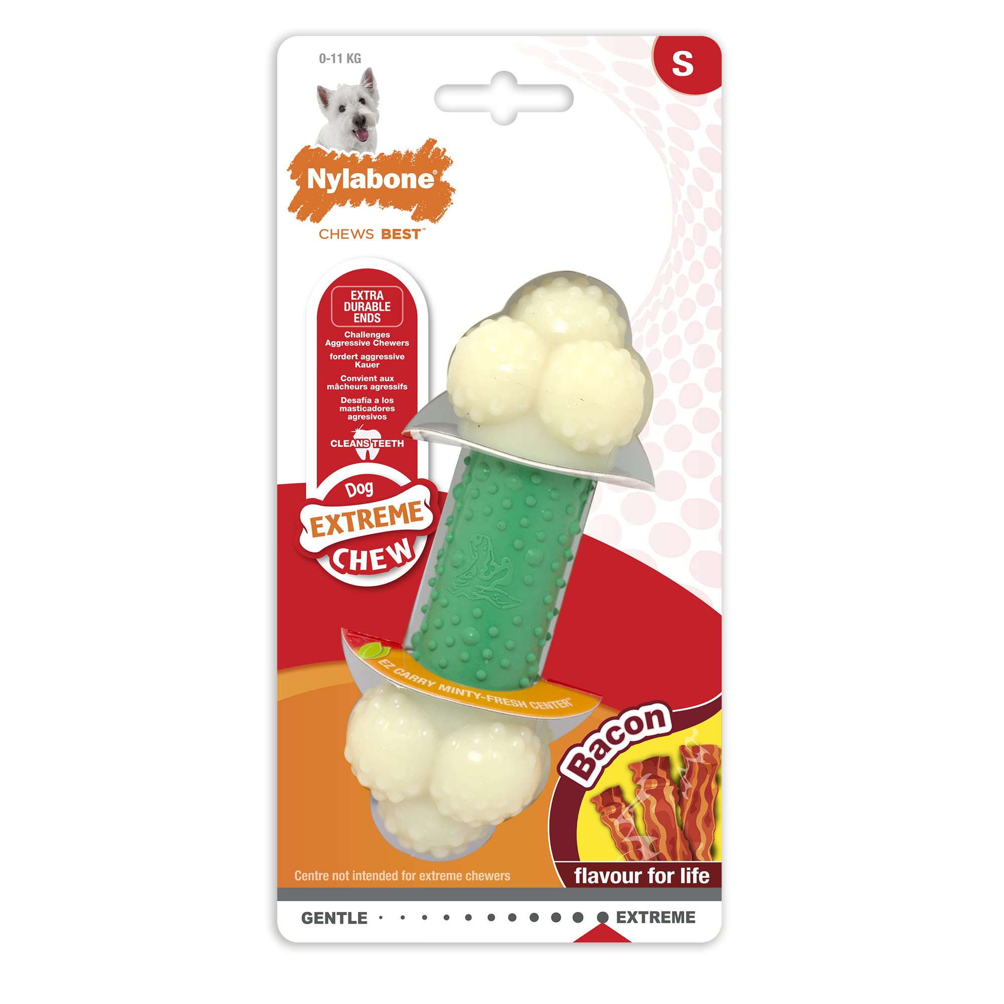 Nylabone Extreme Tough Double Action Dog Chew Toy Bone, Cleans Teeth, Bacon Flavour, Small, for Dogs Up to 11 kg