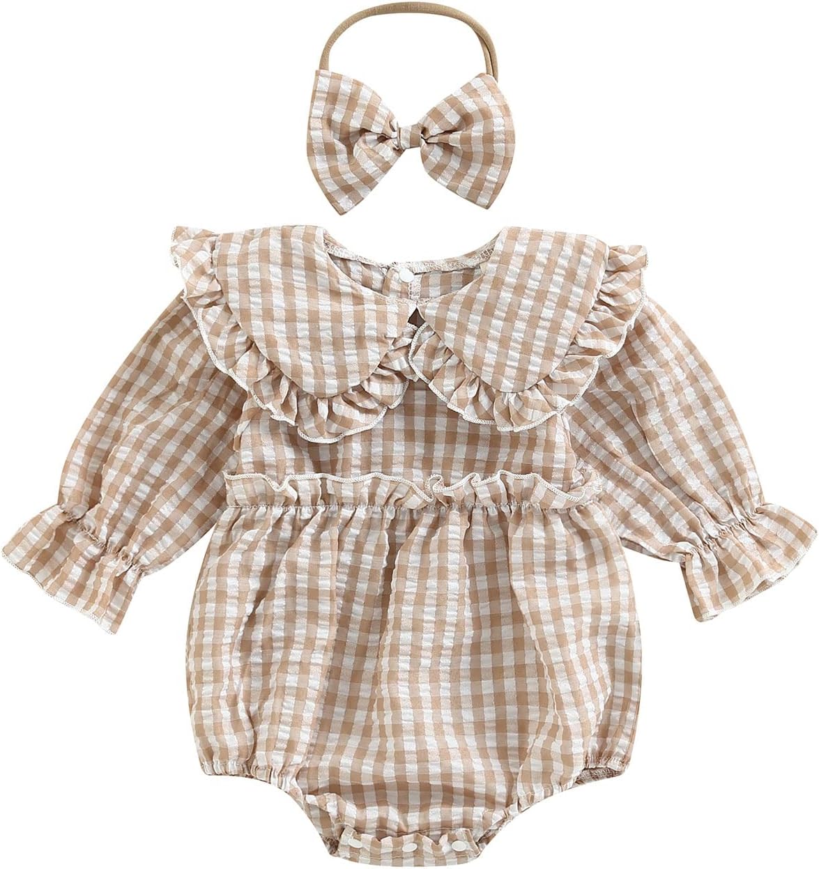Karuedoo Newborn Baby Girl Clothes Gingham Plaid Bubble Romper Long Sleeve Ruffle Bodysuit with Headband Spring Fall Outfit