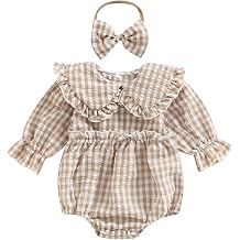 Karuedoo Newborn Baby Girl Clothes Gingham Plaid Bubble Romper Long Sleeve Ruffle Bodysuit with Headband Spring Fall Outfit