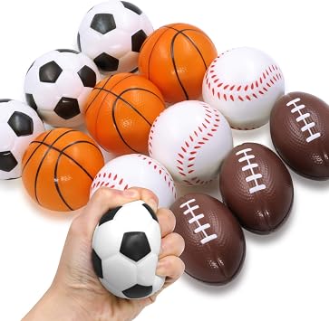 Novelty Place Squeezable Stress Balls - Anti-Stress Baseball, Basketball, Soccer, Football for Tension Relief - Relaxation Gadgets, Fidget Toys, Party Favors, Carnival Prizes12 Pack & 4 Ballgames