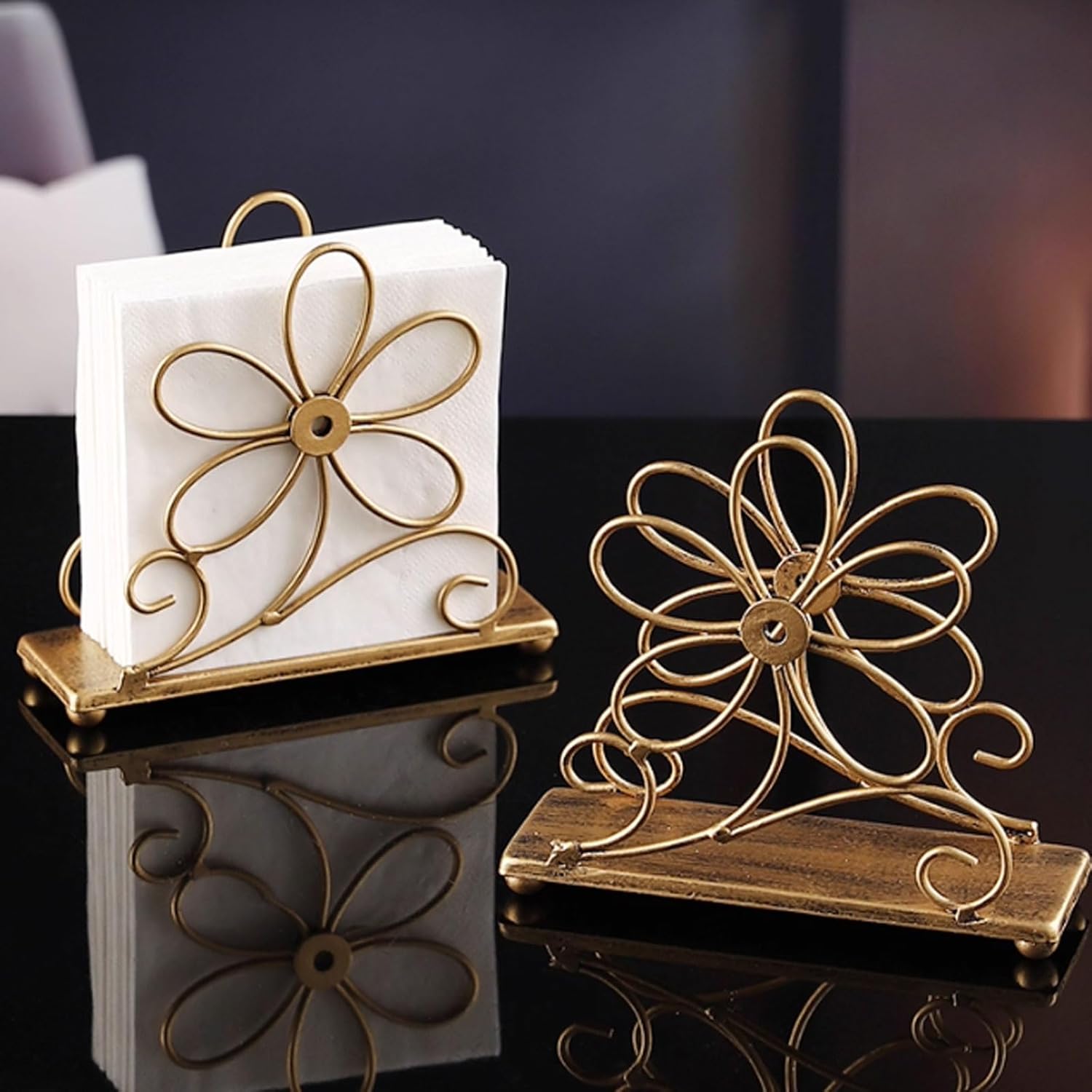 Decorative Hollow Metal Tissue Rack Office Desktop Napkin Dispenser Flower-Shaped Wrought Iron Paper Towel Holder