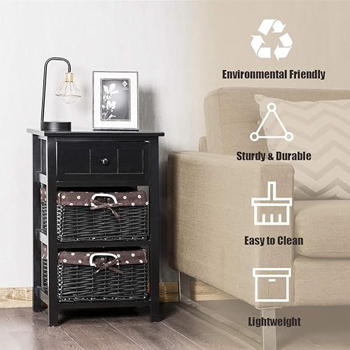 Miniatura 3 de Giantex Mesita de noche con cajones de madera, con 2 cestas de almacenamiento y estante abierto para dormitorio, mesa auxiliar de sofá de noche (1,