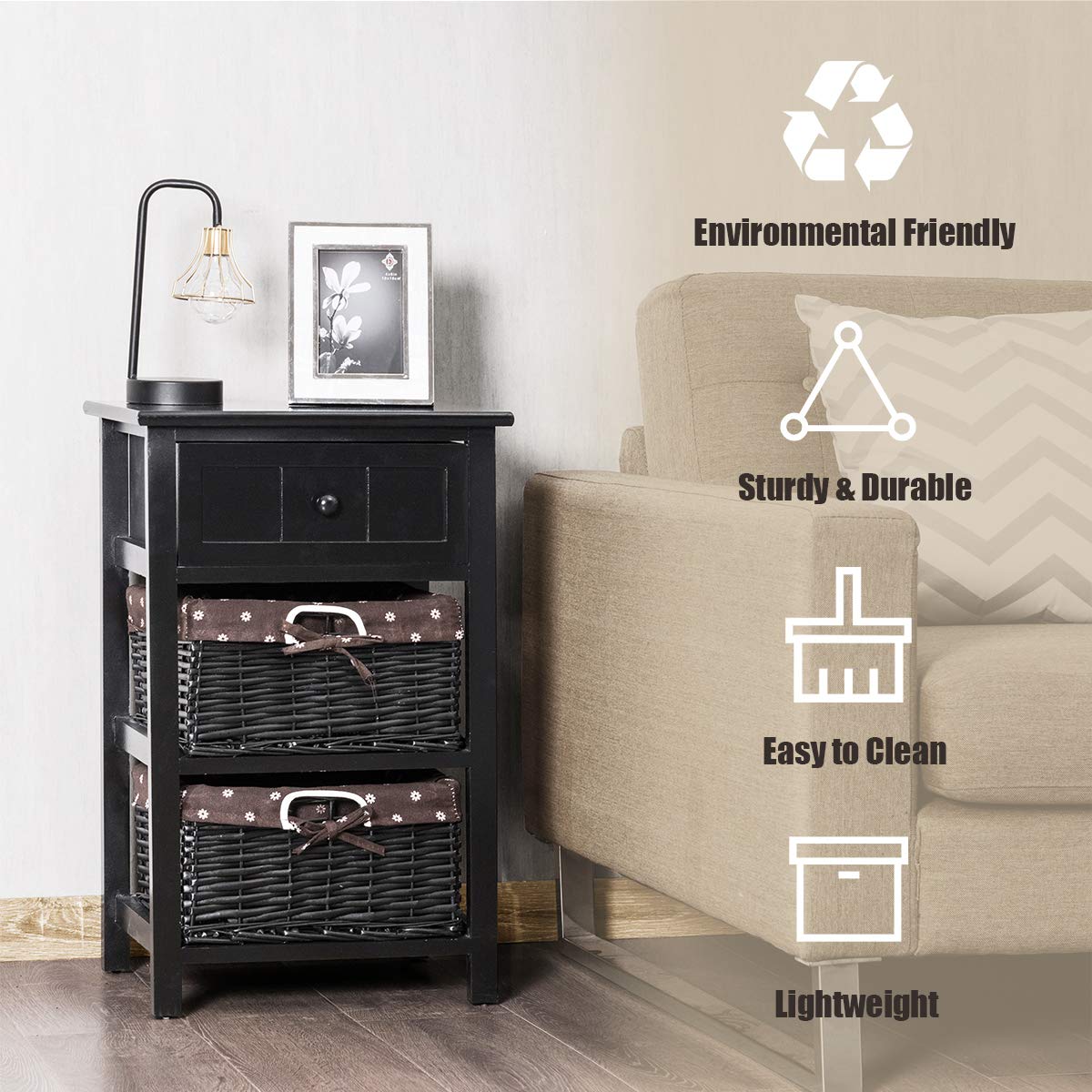 Giantex Nightstand with Drawers Wooden, W/ 2 Storage Baskets and Open Shelf for Bedroom, Bedside Sofa End Table (1, Black)