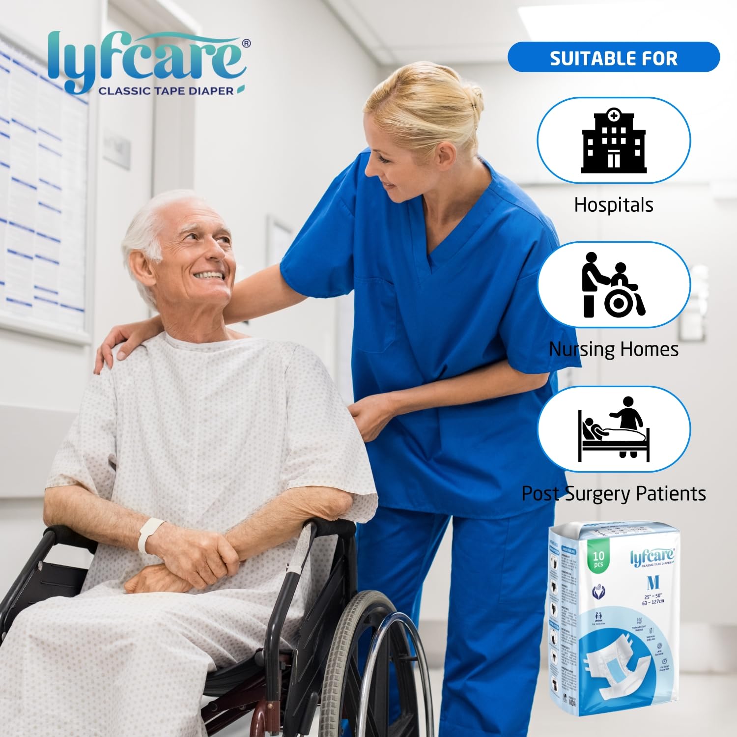 Lyfcare Open Tape Adult Diaper Medium Size (M) - 10 units | Unisex Diaper Open Tape Style | Waist (63–127 cm) | Wetness indicators, super absorption, 360 ° protection and 0% leakage | For men and women Lyfcare Open Tape Adult Diaper Medium Size (M) - 10 units | Unisex Diaper Open Tape Style | Waist (63–127 cm) | Wetness indicators, super absorption, 360 ° protection and 0% leakage | For men and women