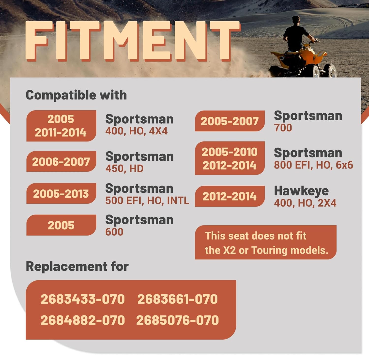 KUAFU ATV Seat Replacement Compatible with 2005-2014 Polaris Sportsman 400/450/500/600/700/800/Hawkeye 400 Complete Seat Artificial Leather Replacement for 2683433-070 2684882-070