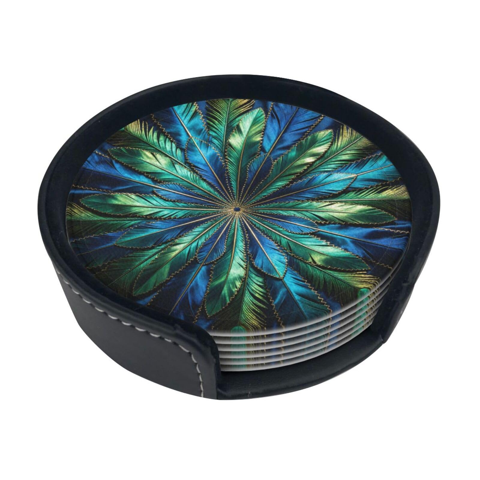 Cntdbu White Peacock Blue Feather Leather Coasters Set Of 6-Pu Leather Drink Mats For Table, Heat Resistant Round Coasters With Holder