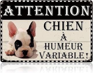 Gemejutor Cartel Retro de Metal Divertido para Perros 20x30cm – Frase en Francés Attention Chien à Humeur Variable! con Di...