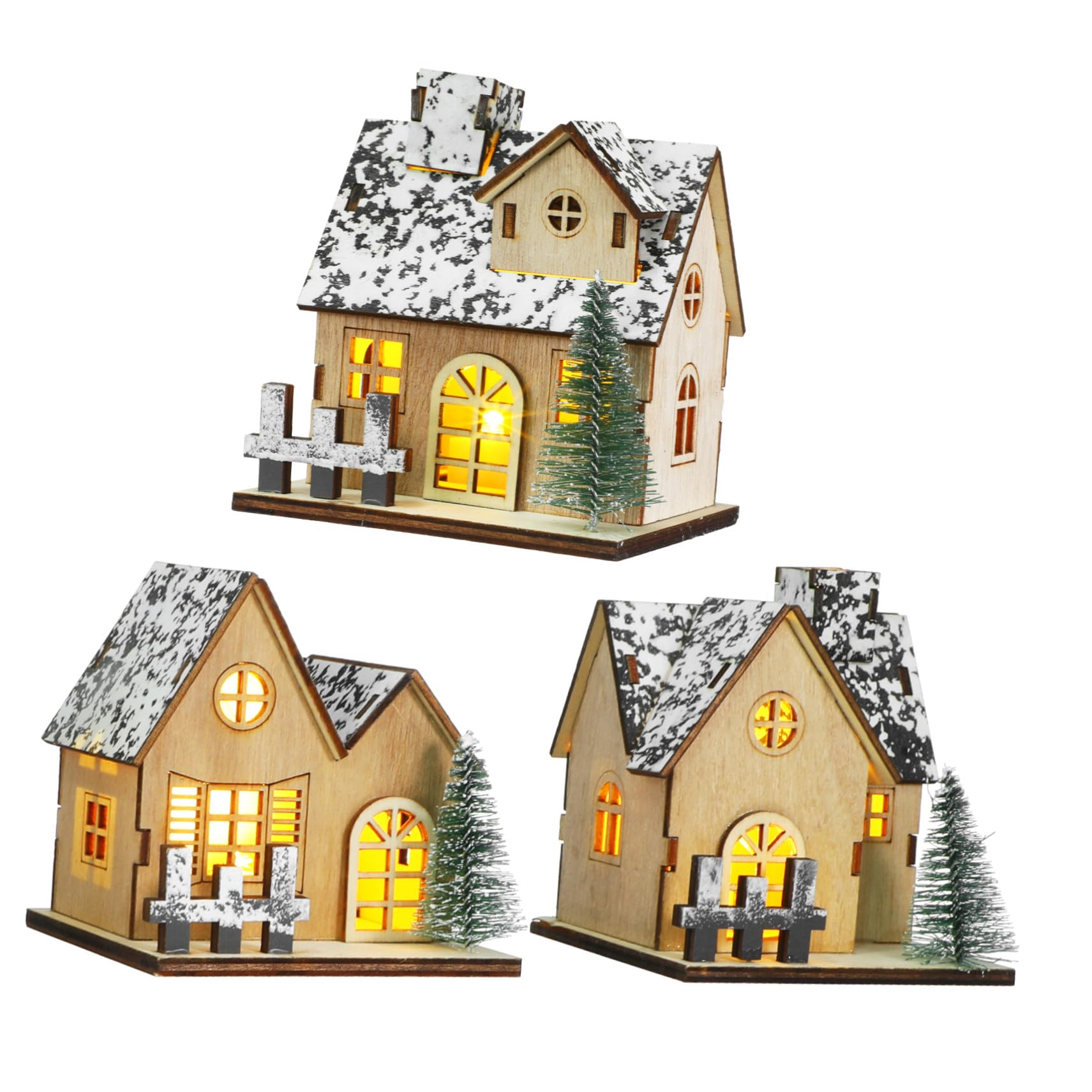 ibasenice 3pezzi Casetta di Natale in Legno Luci LED Villaggio di Natale Decorativo Set di Case in Legno per Casa Accessori Natalizi Decorazioni