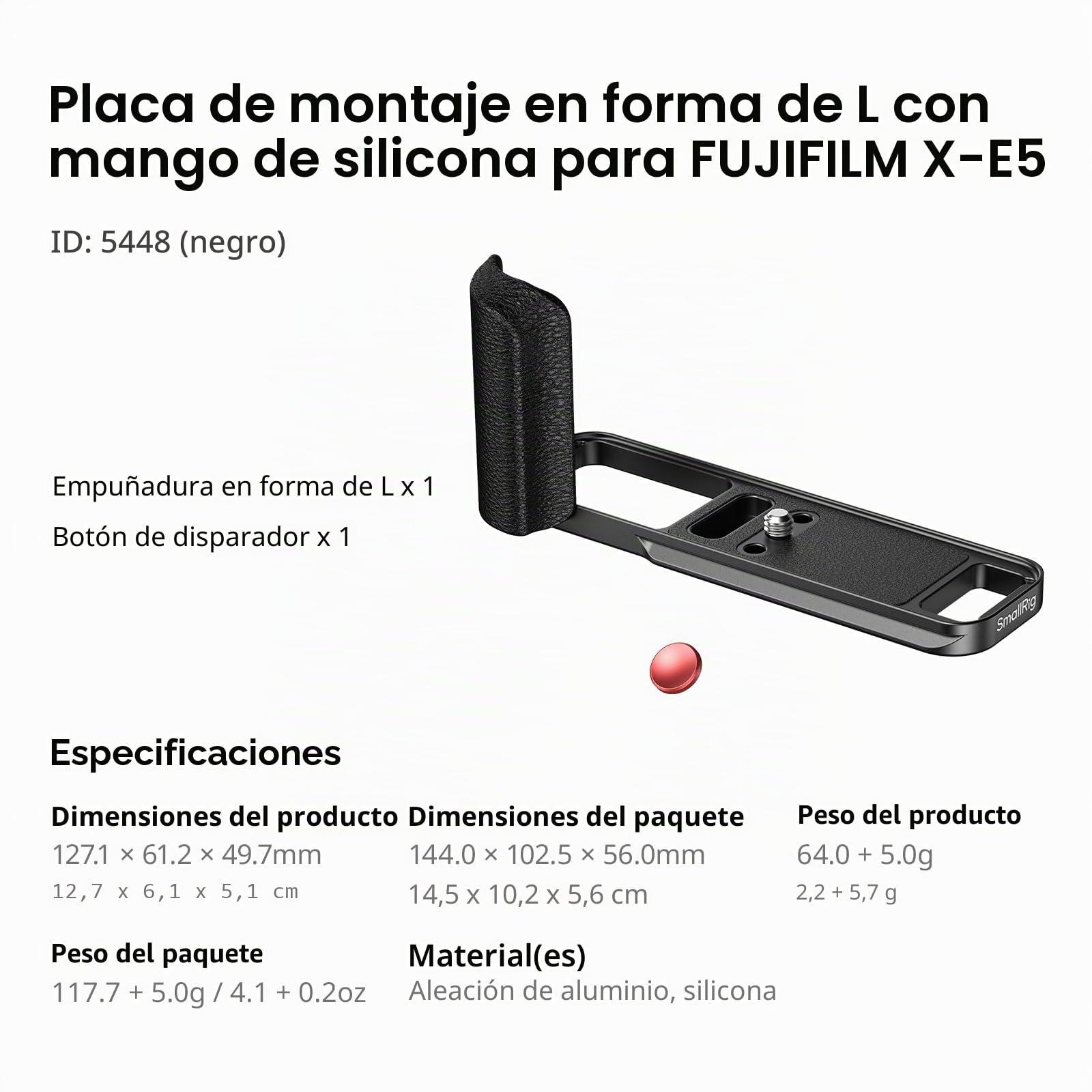 SMALLRIG Empuñadura en L para FUJIFILM X-E5 con Placa QR para Arca, Roscas 1/4"-20, Diseño Ergonómico de Silicona (Negro) - 5448