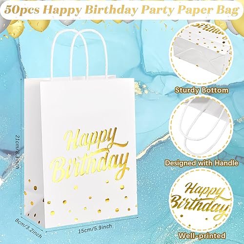 Miniatura 2 de Locmeo 50 bolsas de regalo de cumpleaños de papel de aluminio dorado con asas, bolsas de papel de lunares de lámina dorada a granel para niños y