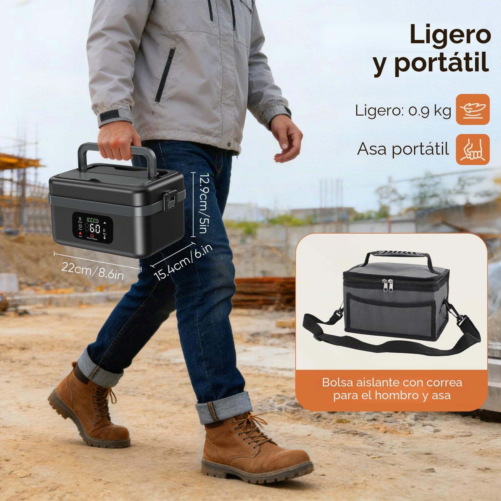 Fiambrera Electrica,Calentador de Comida Portatil 1L para Comida con Pantalla Táctil,Taper Termico Comida Caliente con Vajilla de Acero Inoxidable y Bolsa Aislante para Coche(Negro y gris)