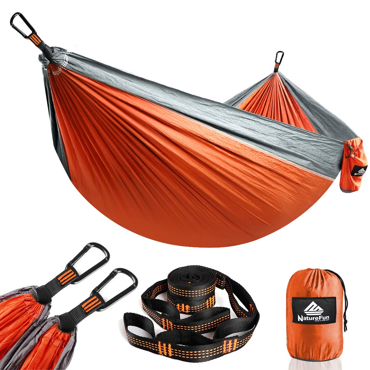 NATUREFUN Ultra-Light Travel Camping Hammock | 300kg Load Capacity,(275 x 140 cm) Breathable,Quick-drying Parachute Nylon | 2 x Premium Carabiners,2 x Nylon Slings Included | Outdoor Indoor Garden