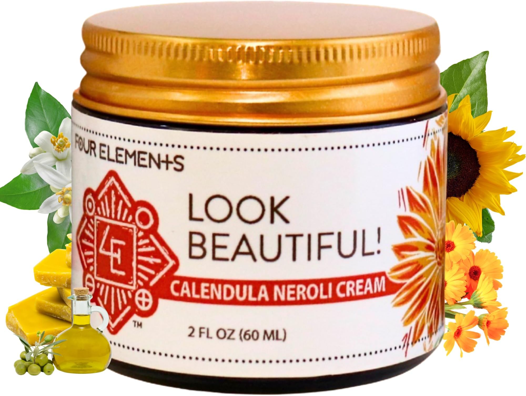 Four Elements 4E Calendula Neroli Cream 2 Oz | Organic Face Moisturizing Cream with Shea Butter & Essential Oils | Hydrating Skin care for Soft, Smooth Skin | Self-Care Gifts for Women