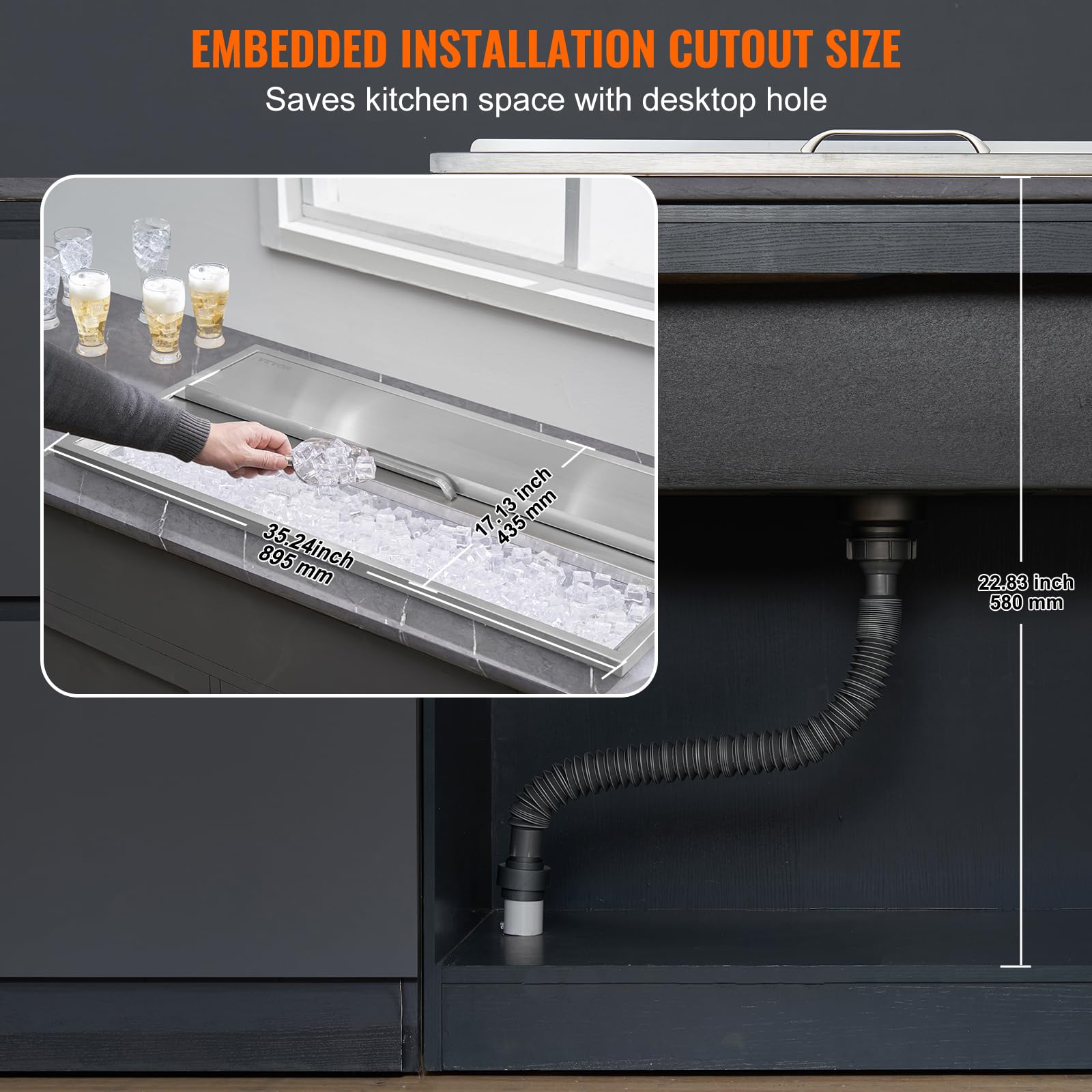 VEVOR Drop in Ice Chest, 91 x 45,7 x 35,5 cm (dł. x szer. x wys.) chłodnica lodu ze stali nierdzewnej, komercyjny pojemnik na lód z pokrywką przesuwną, 40,9 qt na zewnątrz kuchenka lodowa, rura