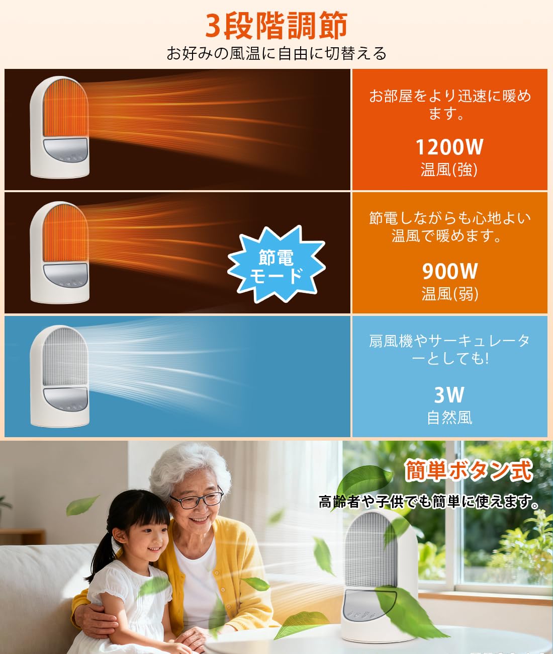 Amazon | セラミックヒーター 【1秒速暖・節電対策】3段階温度調整 3W