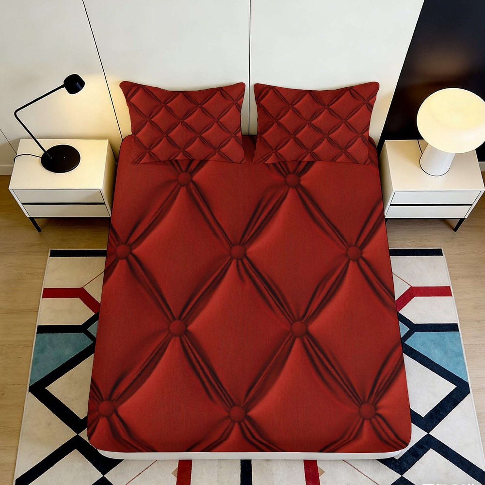 3D Printed Diamond Pattern Fitted Sheet Microfiber Soft Red Geometric Mattress Cover for Bedroom Guestroom Decor 90x200x25cm