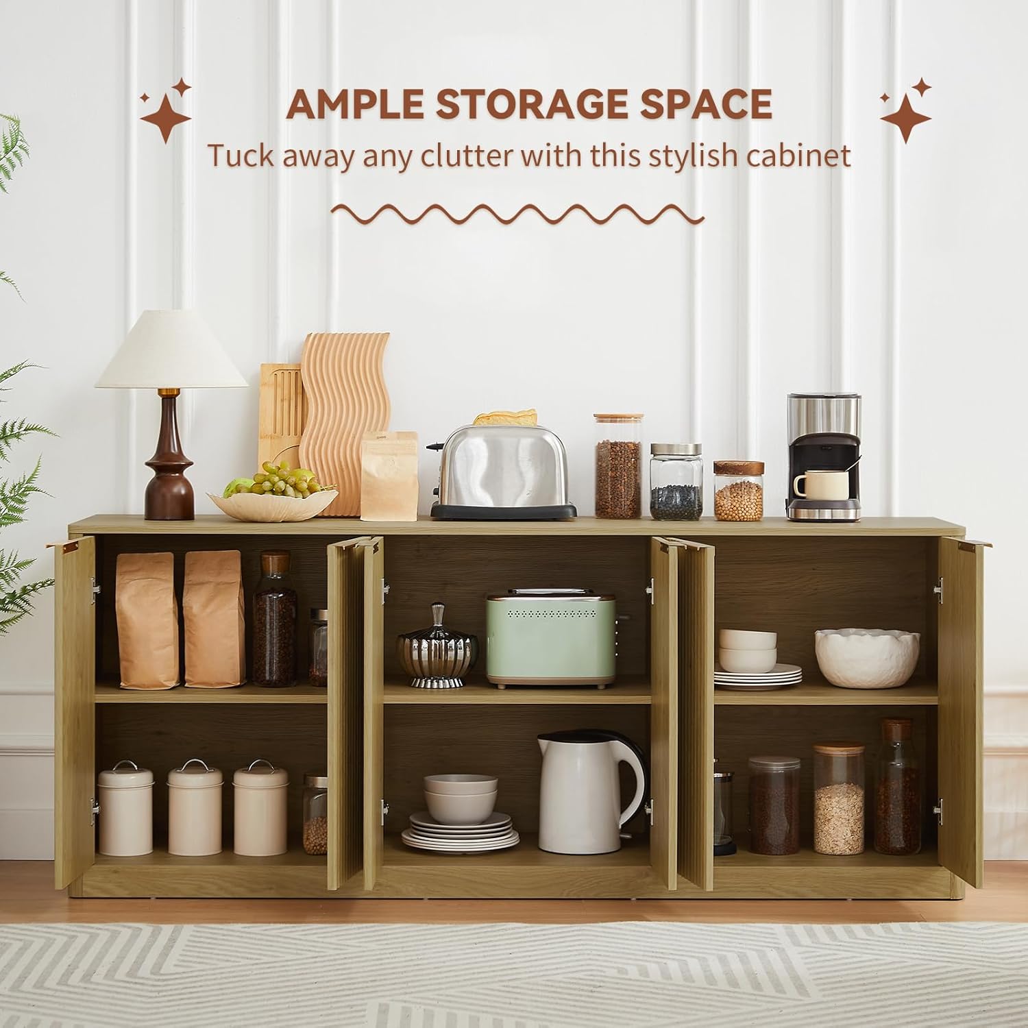 The LKTART fluted sideboard cabinet with its six doors open, revealing three spacious interior shelves filled with various kitchen and dining items like plates, bowls, jars, and small appliances.