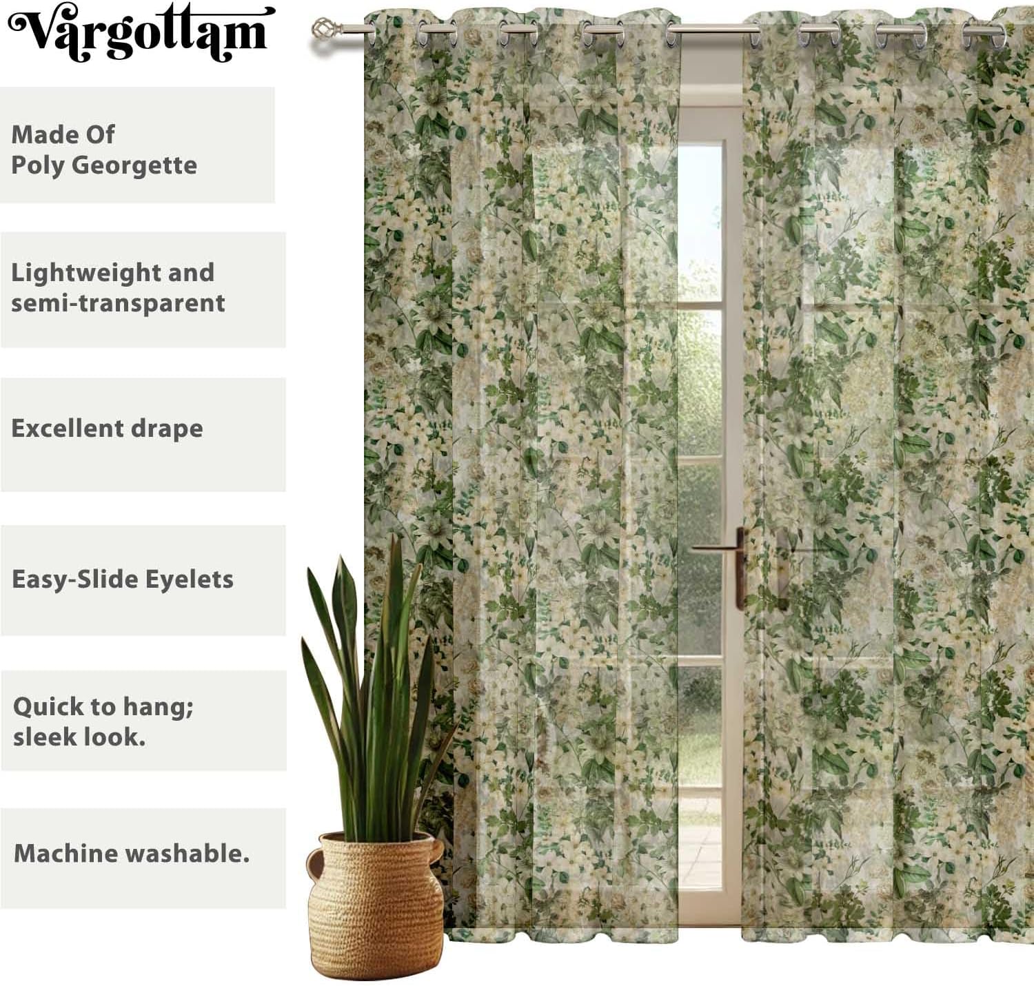 Flowers Print Sheer Curtains for Short Windows – Set of 2 Panels, 63" Length, Grommet Top, Printed Georgette, Light Filtering Drapes for Kitchen or Bedroom
