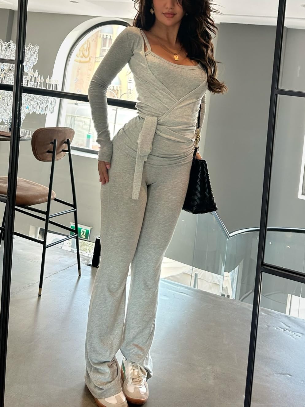 Women Ballet Wrap Tops Sets Athletic Pilates Tie Front Long Sleeve Shirt Sets Y2k Yoga Cross V Neck Fairy Blouse Sets