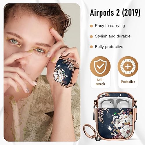 Miniatura 4 de Maxjoy Funda para AirPods 2 (2019) con bloqueo de seguridad, compatible con AirPod de 2 generación de flores blancas para mujeres con llavero, azul