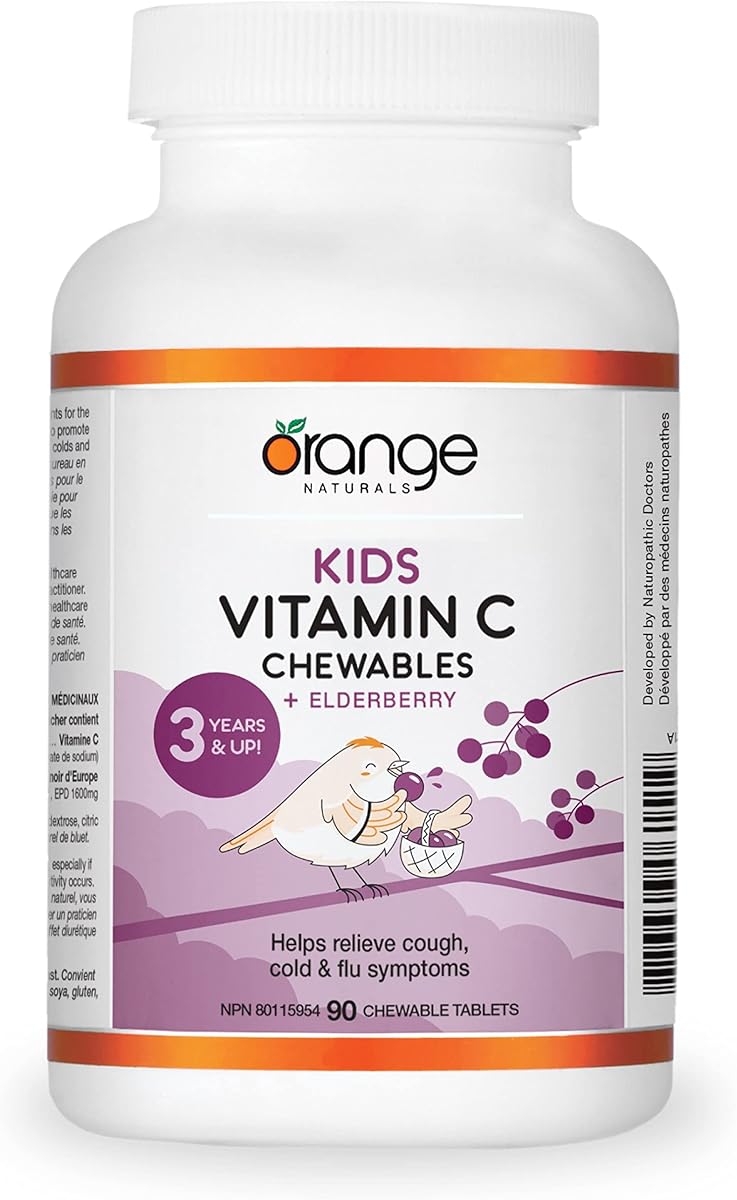Orange Naturals Orange Naturals Kids Vitamin C + Elderberry, Vegan 90 Chewable Tablets, 90-Day Supply, Tasty Berry Flavor, Supports Overall Wellness and Provides Antioxidant Protection - Children Ages 3+