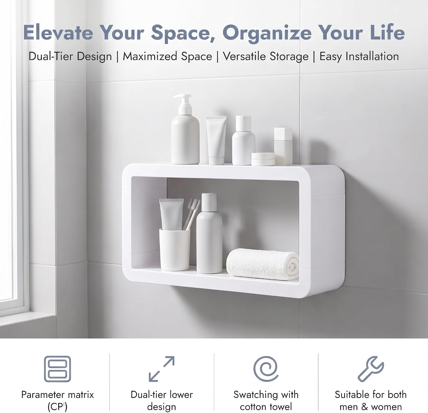 Multi-Tier Plastic Bathroom Shelf, No Drill Wall Mounted Shower Caddy, Waterproof Rustproof Bathroom Organizer Storage Rack with Smooth Edge