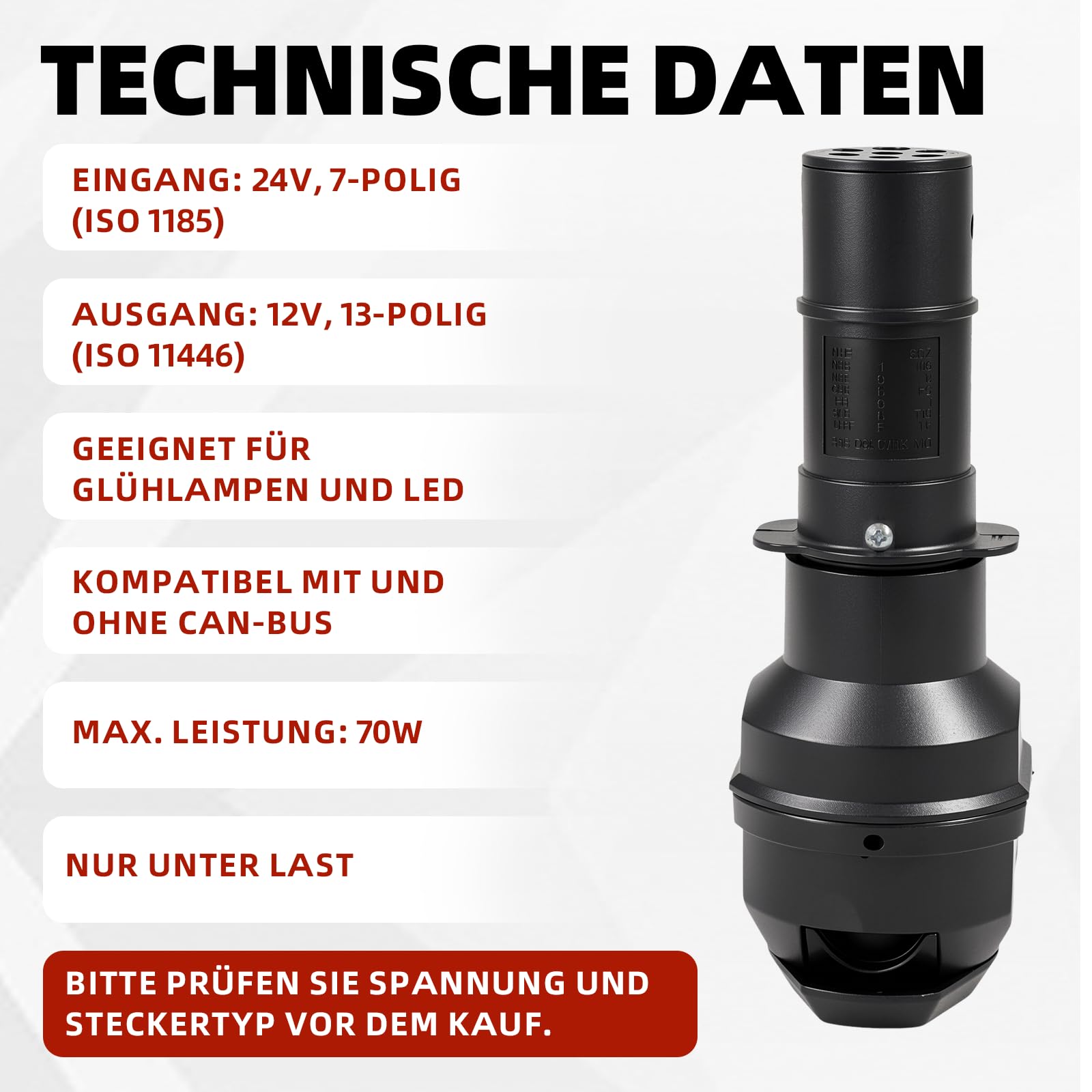 Spannungswandler 24V auf 12V – 7-polig auf 13-polig für LKW Anhänger, Adapter für Trailer, Spannungsreduzierer (7-polig auf 13)