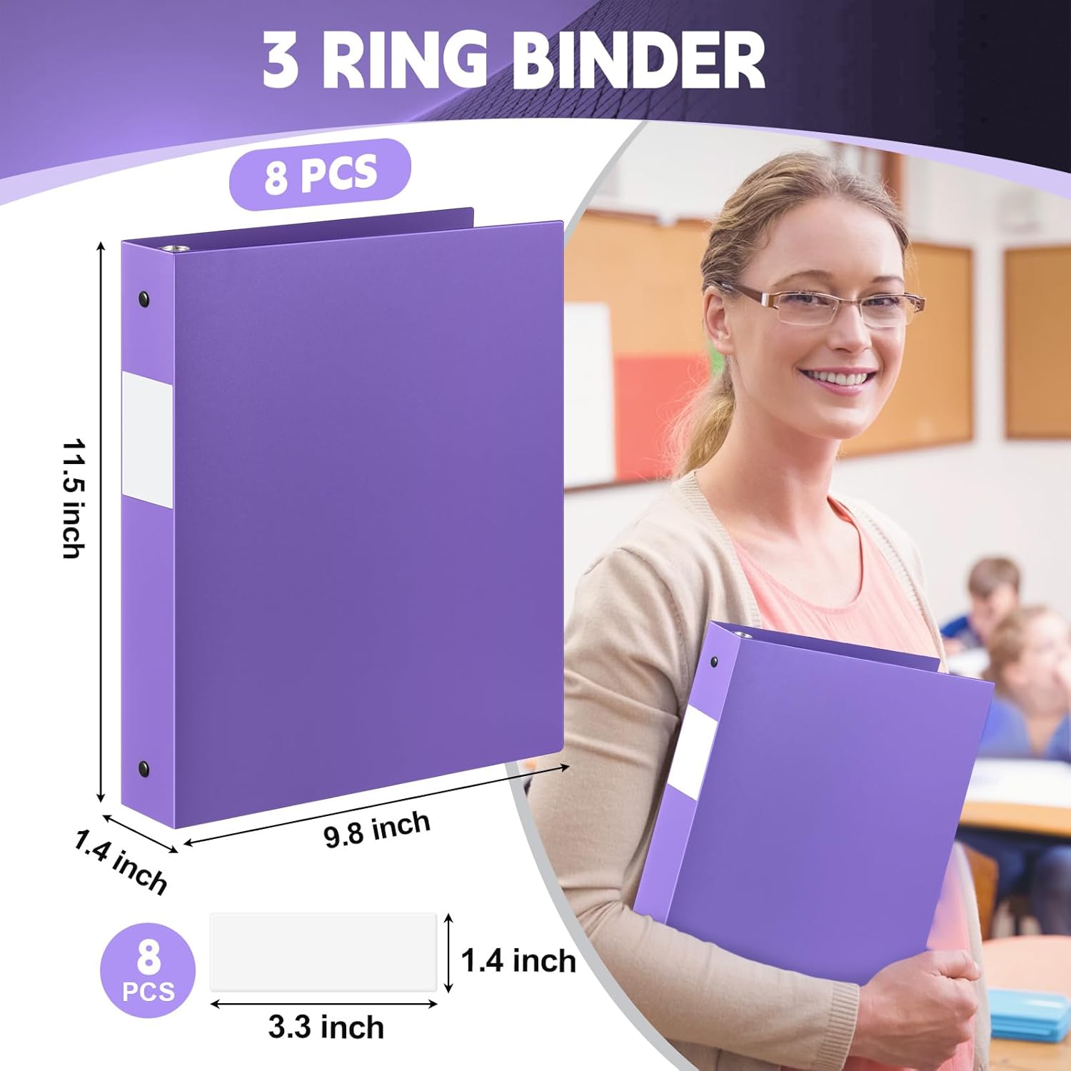 Skyygemm 8 Pack 1 Inch 3 Ring Plastic Binders, Flexible PP Binders for Classroom & School Supplies, Letter Size 8.5 x 11, Holds 240 Sheets with Interior Pocket (Purple)