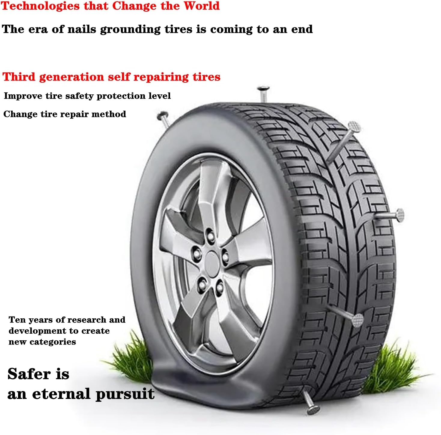 Self repairing, high-performance shock absorption, silent, puncture resistant automotive safety tires (205/50R17)