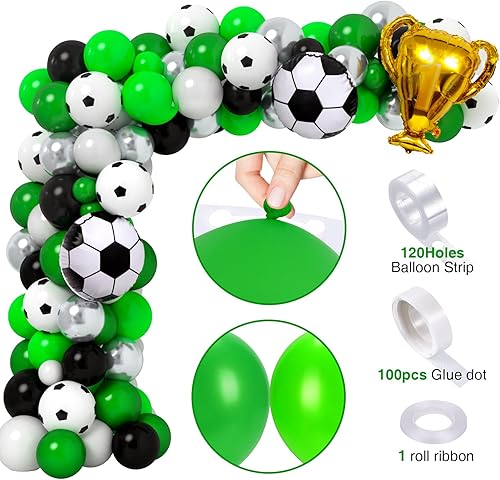 Miniatura 8 de Winrayk 123 piezas de decoración de fiesta de cumpleaños de fútbol, suministros de guirnalda de globos de fútbol con mantel de telón de fondo,