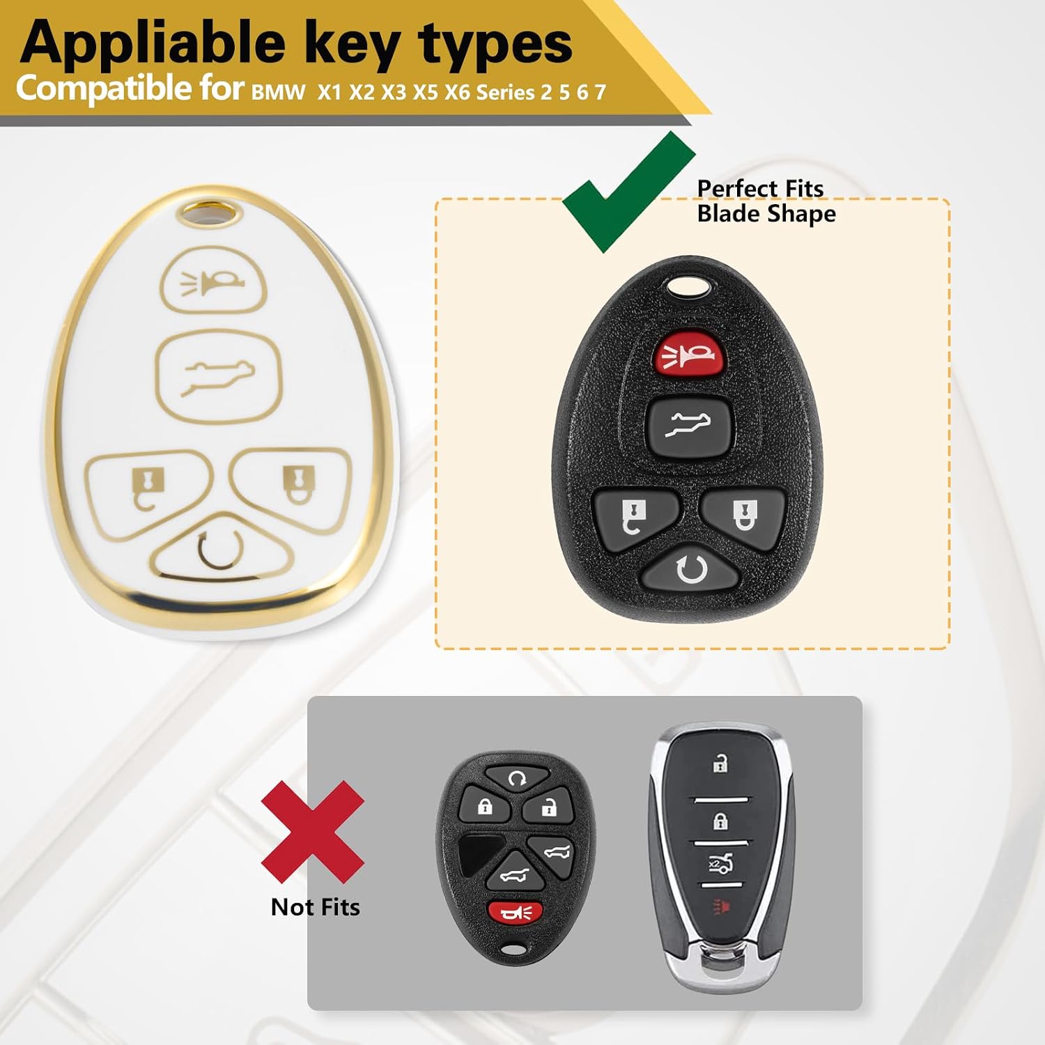 Key Fob Cover for Chevy, White Braided Loop Keychain, Gold Edge image 5