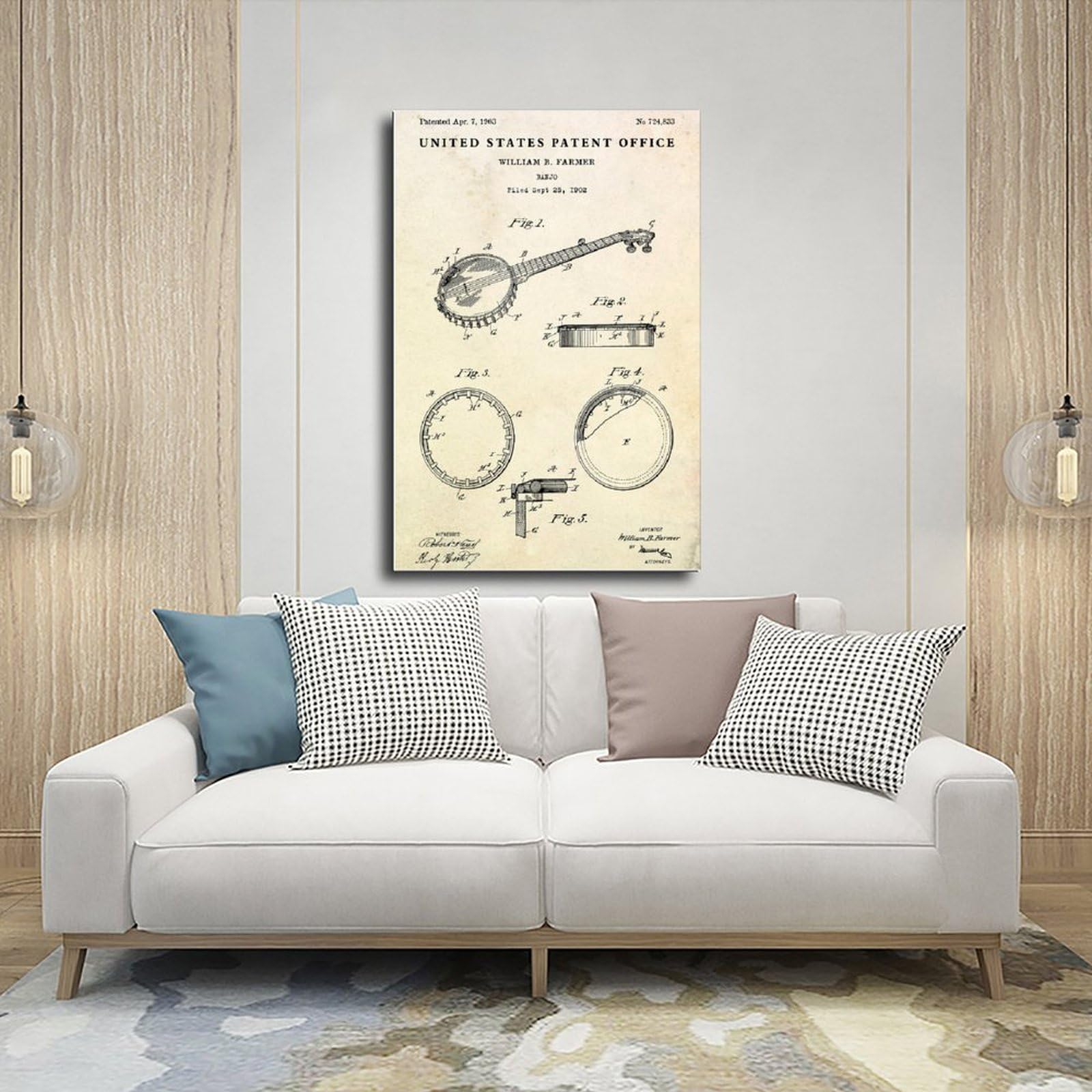 WLQZFRWV Banjo 1903 Brevetto Country Music Blueprint Poster su tela, decorazione artistica da parete per soggiorno, camera da letto, decorazione, 60 x 90 cm