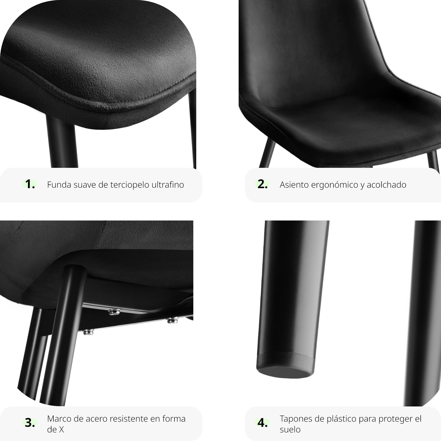 tectake® Juego de 2 Sillas de Comedor, Sillas Salón Aterciopeladas, Silla Tocador Ergonómica, Sillas Comedor con Patas de Acero y Topes, Silla Terciopelo con Gran Respaldo y Acolchada - Negro