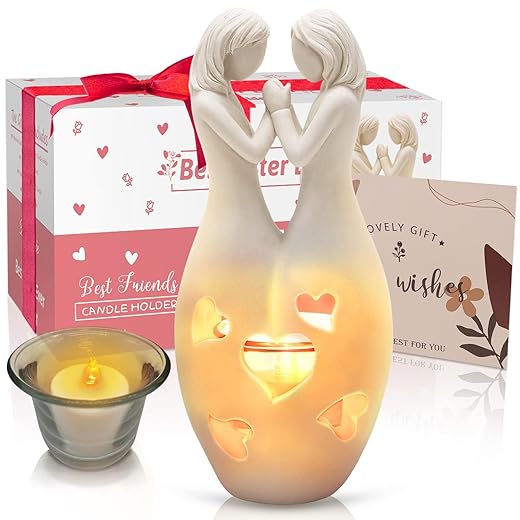 Sisters Birthday Gifts from Sister Polyresin Candle Holder Statue - W/Flickering Led, Unique Friendship Gifts for Women Friends Female, BFF Bestie Gifts for Women, Anniversary for Girlfriend